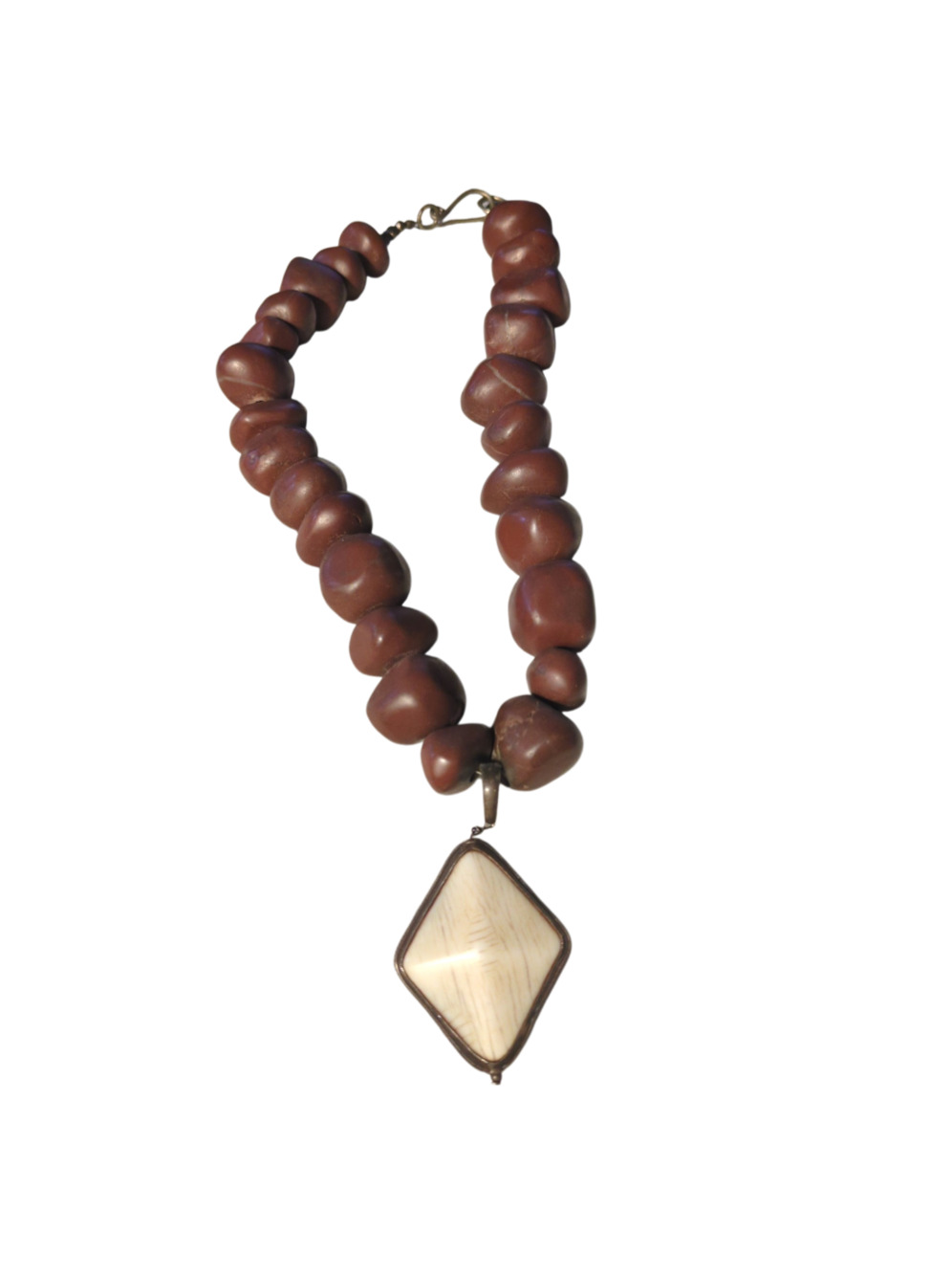 Vintage Brown Jasper Beaded Necklace with Diamond shapped Pendant
